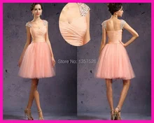 Vestidos De Fiesta 2016 Flügelärmeln Prom Kleider Coral Homecoming Kleider Perlen Kurze Cocktailkleider nach Maß TW37