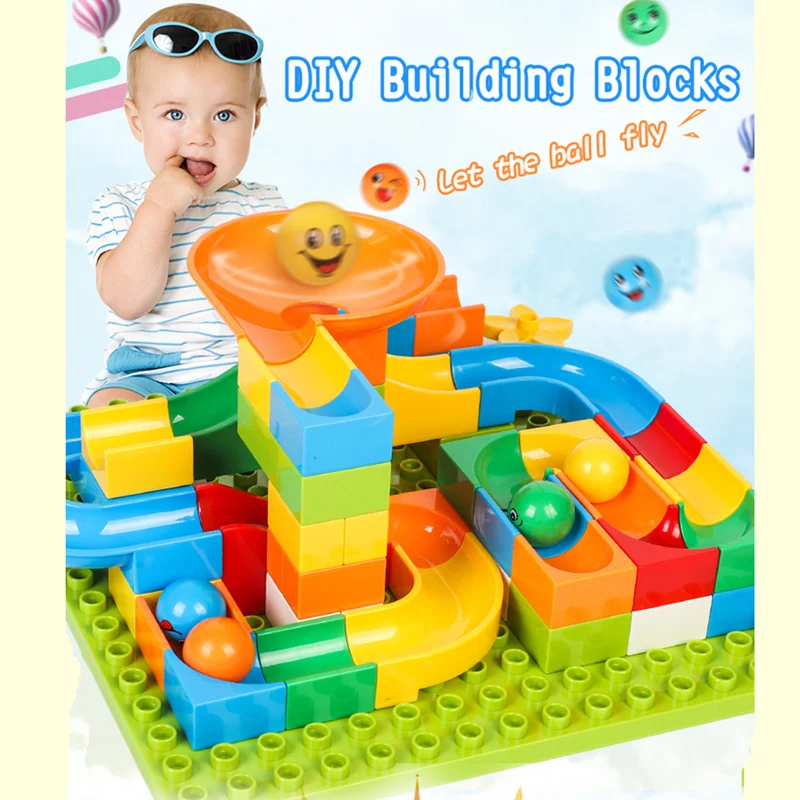 68-84pcs Construction Marble Race Run Maze Balls Track Building Blocks Big Size Educational Brick Compatible With Legoed Duploe