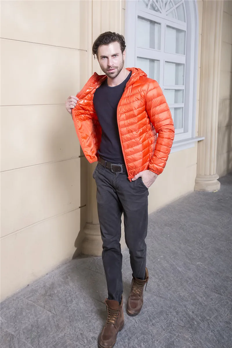 Men's Ultra Light Packable Down Jackets Hooded Slim Down Coats Man White Duck Down Padded Parkas Winter Puffer Jacket JK-634 puffer jacket with fur hood