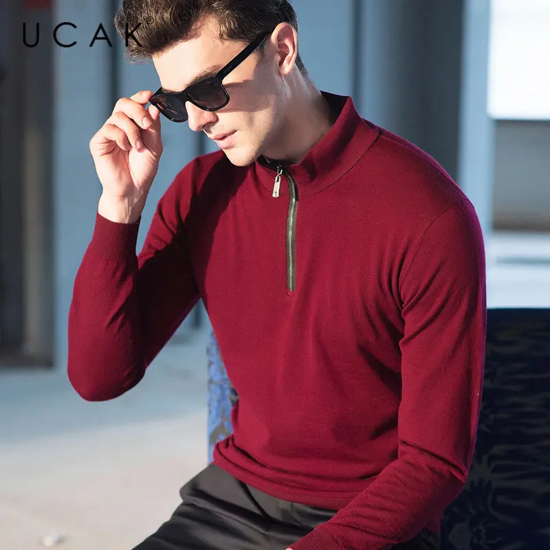 #^Special Price UCAK Brand Sweater Men Pure Merino Wool Pullover Men Autumn Winter Cashmere Sweaters Fashion Zipper Turtleneck Pull Homme U3008