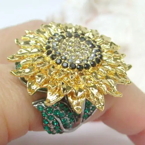 Великолепное черное женское кольцо для коктейля с подсолнухом CR319C3|cocktail ring|ring