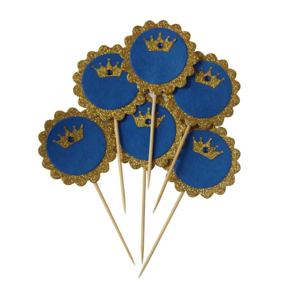 Prince Crown Cupcake Toppers Glitter Gold Royal Blue Rhinestone Prince