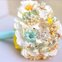 White hydrangea Bridal brooch bouquet crystal Pearl Jewelry Wedding Bouquet custom made Blue & Yellow Bride ‘s bouquets