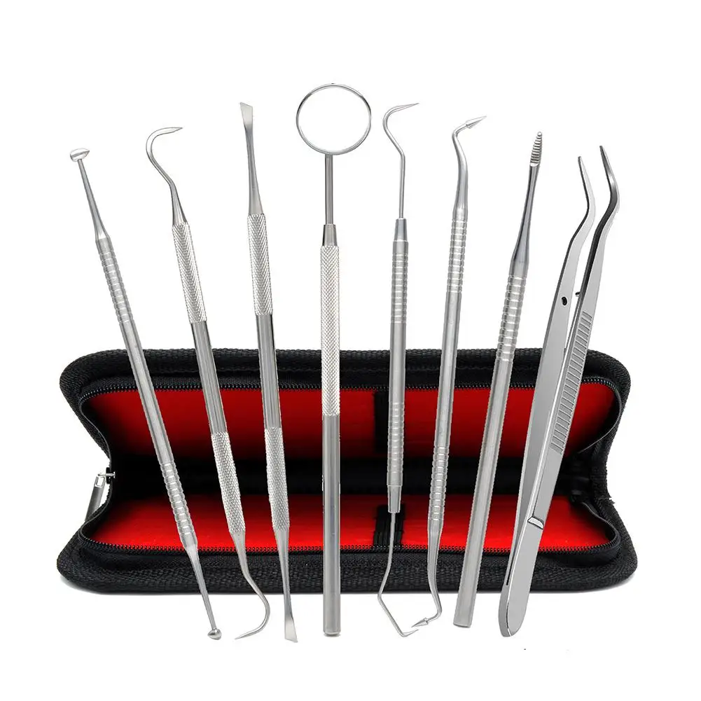 

8 PCS set Dentist Tool Teeth Clean Tweezer Scraper Scaler Mirror Dental Probe Dental Hygiene Oral Teeth Whitening With Case