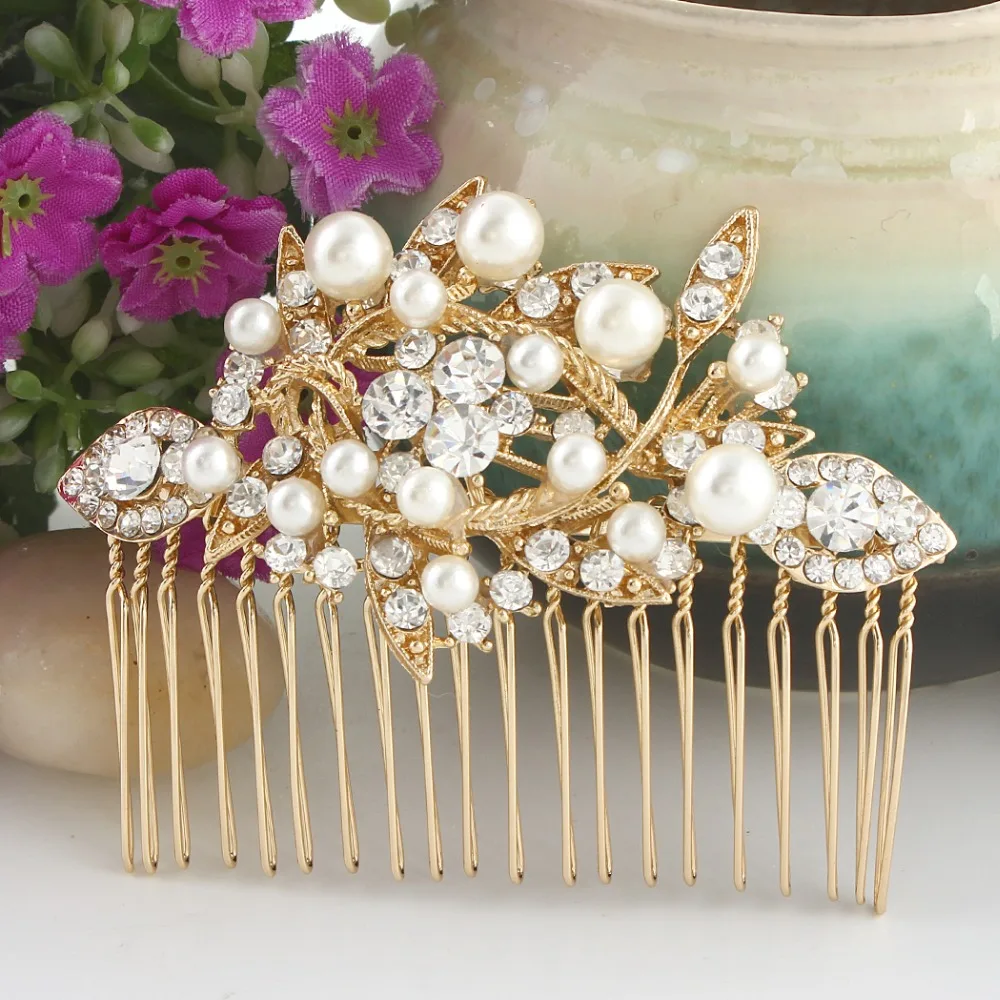 

Tuliper Luxury Flower Leaf Bridal Hair Comb Headpiece Simulated Pearl Austrian Crystal Hair Jewelry For Wedding Party Gift