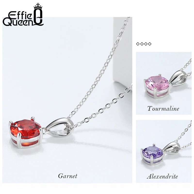 Effie Queen Real 925 Sterling Silver Pendant Necklace Lucky Birthstone Multi Color Zircons Stud Necklaces Women Jewelry BN118 - Image 3