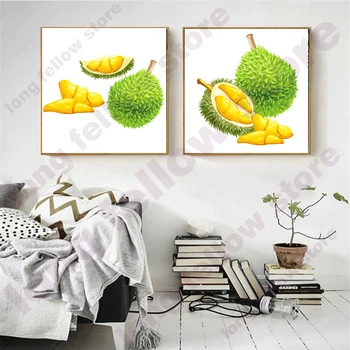 

HD Print Watercolor Artwork Orange Durian Lychee Coconut Fruits Still Life Wall Art Picture for Kitchen Home Decor Nordic Poster