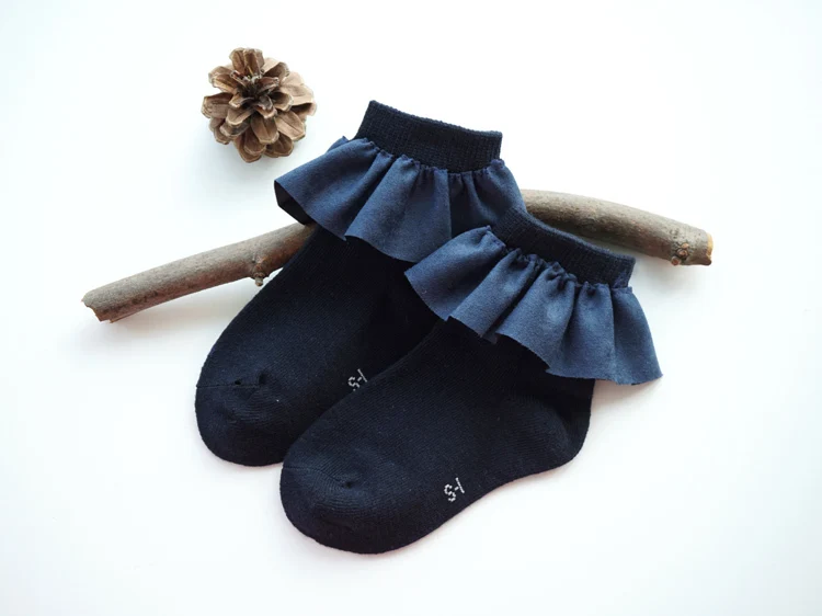 One Pairs Sweet Girls Kids Frilly Satin Lace Cotton Socks Princess Lace Bow Soft Trim Baby Toddler Short Socks High Quality - Цвет: Flannelett Dark Blue