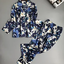 Женский Атласный пижамный комплект халат шелковые пижамные комплекты с длинным рукавом пижамы 2 шт. шелковая домашняя одежда