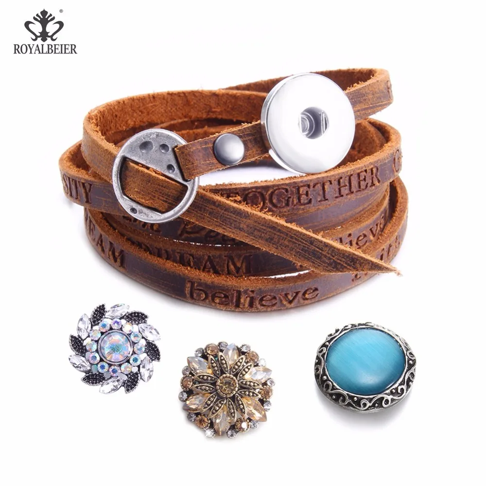 

ROYALBEIER New Men Adjustable Leather Bracelet Fit 18mm Button Minimalist Style Multi-layer Wristband Bracelet Ladies Men Charms