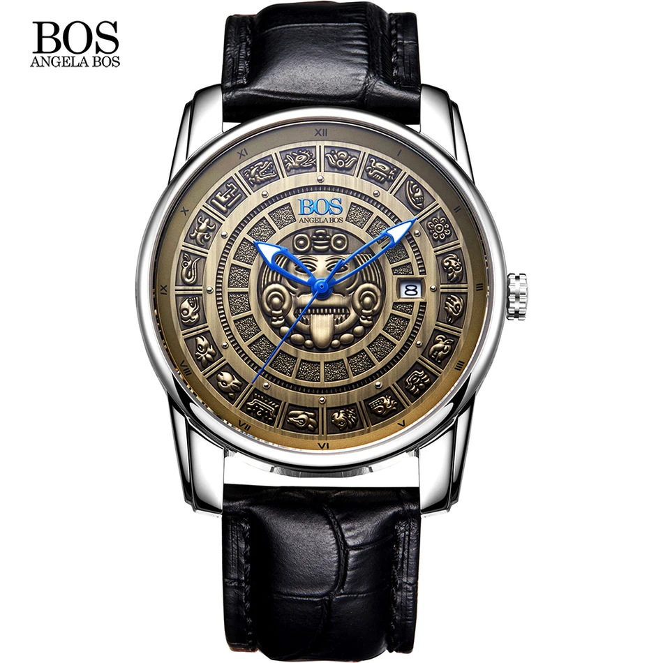 ANGELA BOS Retro Stereoscopic Maya Calendar Dial Stainless Steel Automatic Watch Mens font b Mechanical b