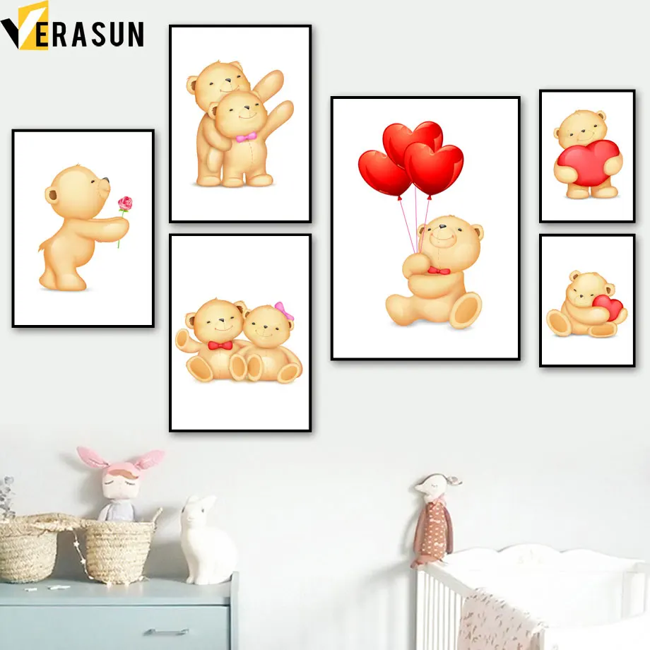 

Cartoon Animal Bear Love Balloon Nordic Posters And Prints Wall Art Canvas Painting Wall Pictures Kids Baby Girl Boy Room Decor