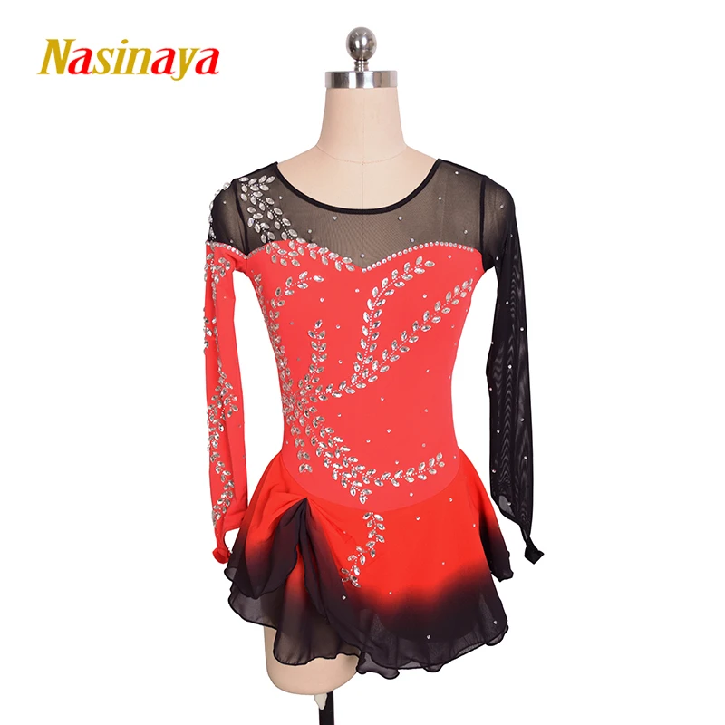 

customized clothes figure skating dress rhythmic gymnastics red adult child girl show skirt competition leaves shiny rhinestone