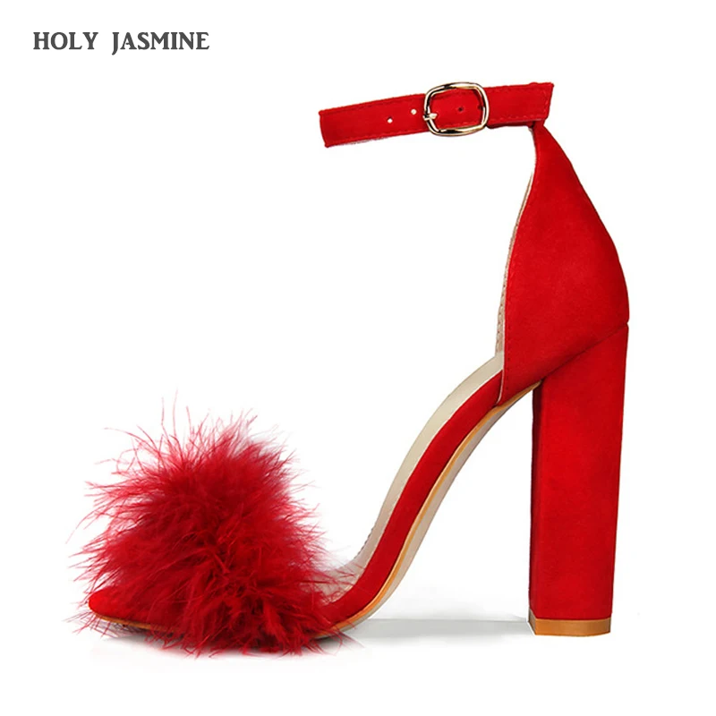 

2019 New Summer Sexy High Heels Women Sandals with Fur Party Shoes Ladies Sandals Red Black Sandalia Feminina Chaussures Femme