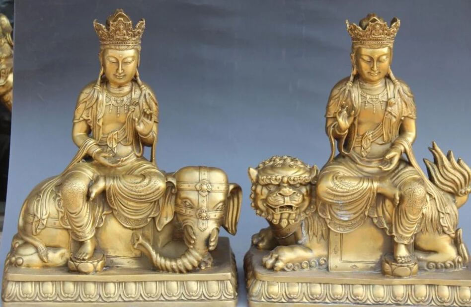 

16"Chinese Bronze WenShu PuXian Manjusri Kwan-Yin Buddha On Lion Elephant Statue R0711