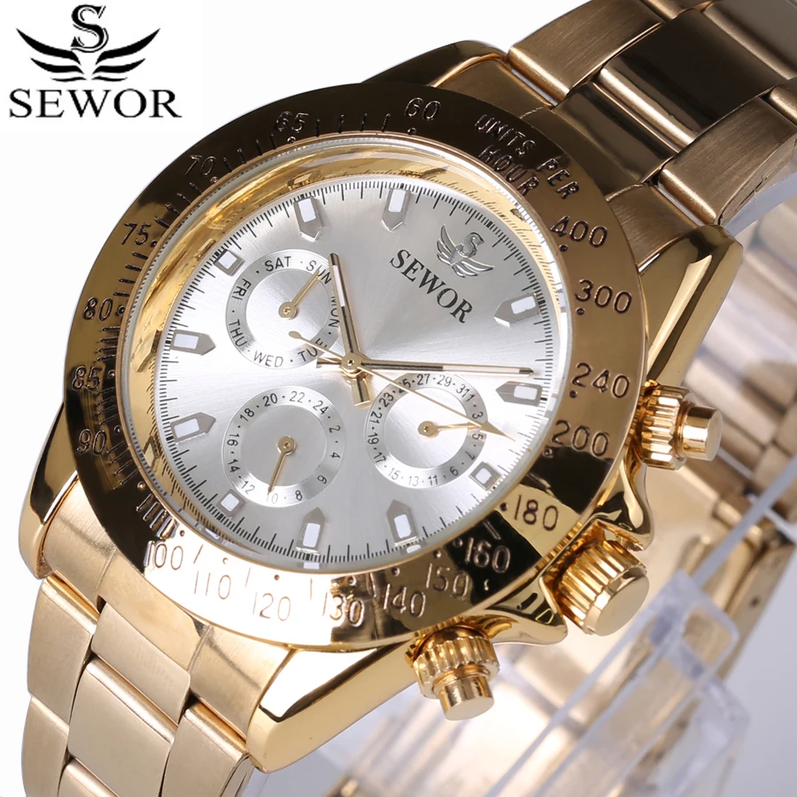 SEWOR ретро модные дизайнерские часы с тремя циферблатами из нержавеющей стали золотые мужские роскошные брендовые автоматические механические часы