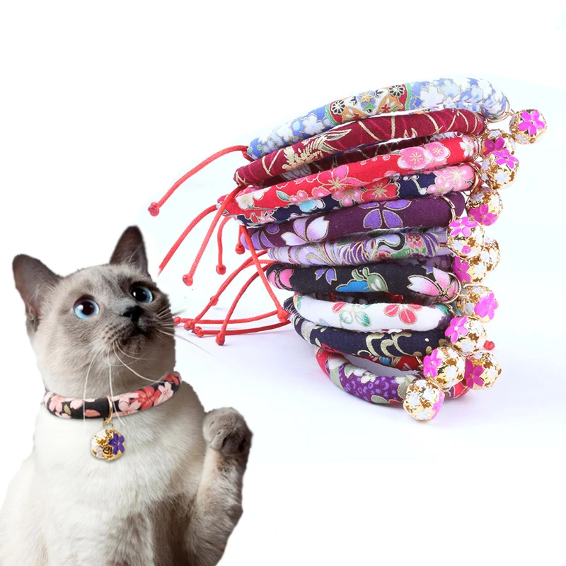 

Handmade Adjustable Pets Cat Collars Japanese Style Cotton Soft Puppy Cats Necklace With Bell Cute Printed Doggy Collar Pet Gift