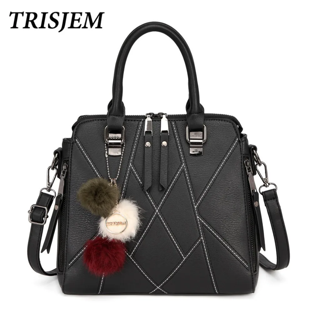 

TRISJEM Women Leather Handbags Luxury Brand Bags With Fur Fashion Double Zipper Crossbody Bags For Women 2017 Totes Green Pink