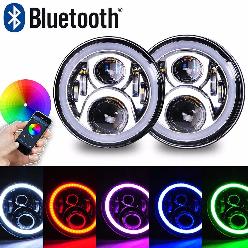 

Wrangler 7" 60W RGB HaloLED Round Headlight Assemblies Multicolor RGB Halo Ring Angle Eye APP Bluetooth Remote Control For Jeep