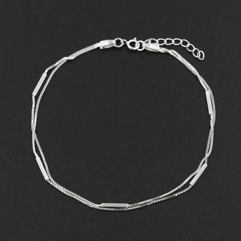 New 925 Sterling Silver Beach Double Chain Tube Lady Anklet Barefoot Foot Ankle Jewelry for Women