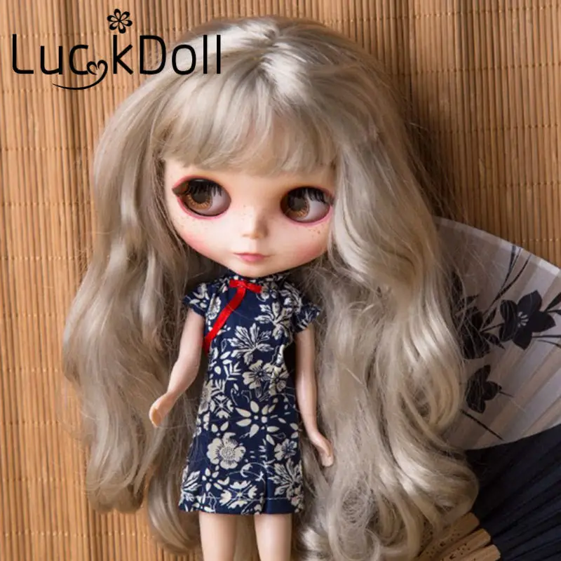LUCKDOLL платье без рукавов с цветочным принтом синее Чонсам для Blyth одежда кукла 1/6