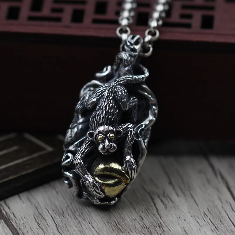 

Sterling Silver Monkey Pendant Personal Marble Peach Monkey Thai Silver Pendant for Men And Women Necklace