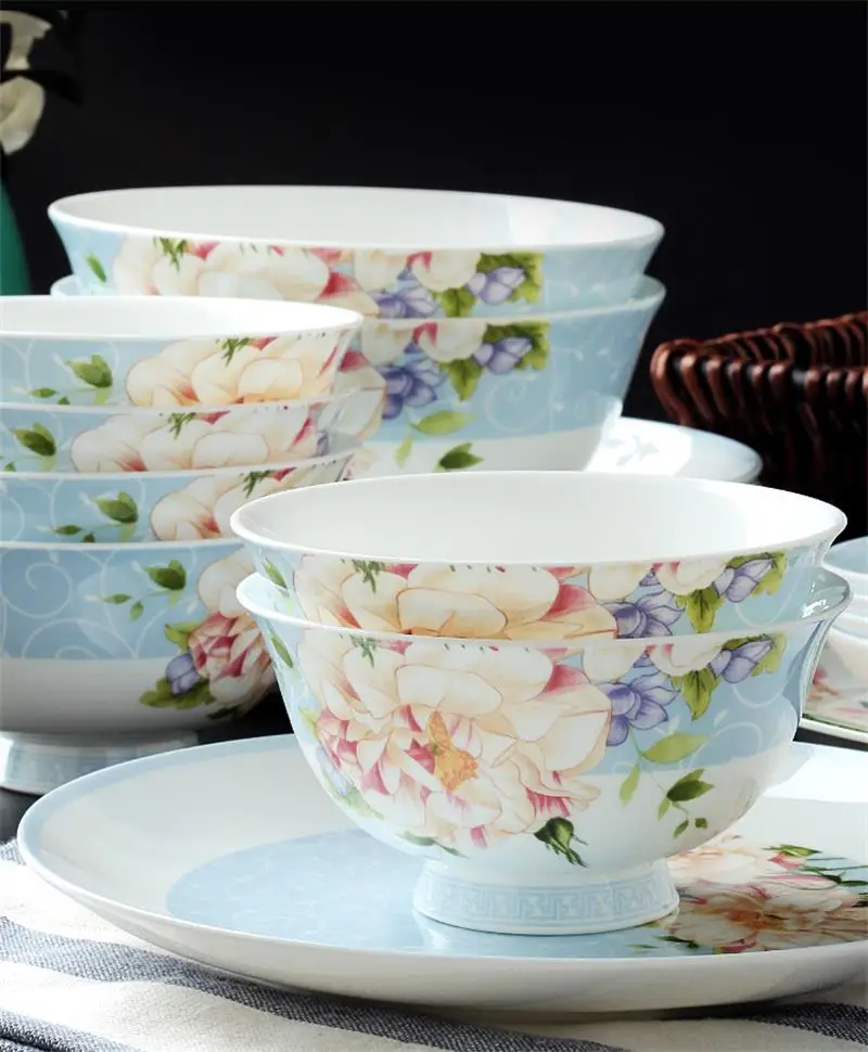 28pcs set, bone china korean dinnerware set, blue floral vintage