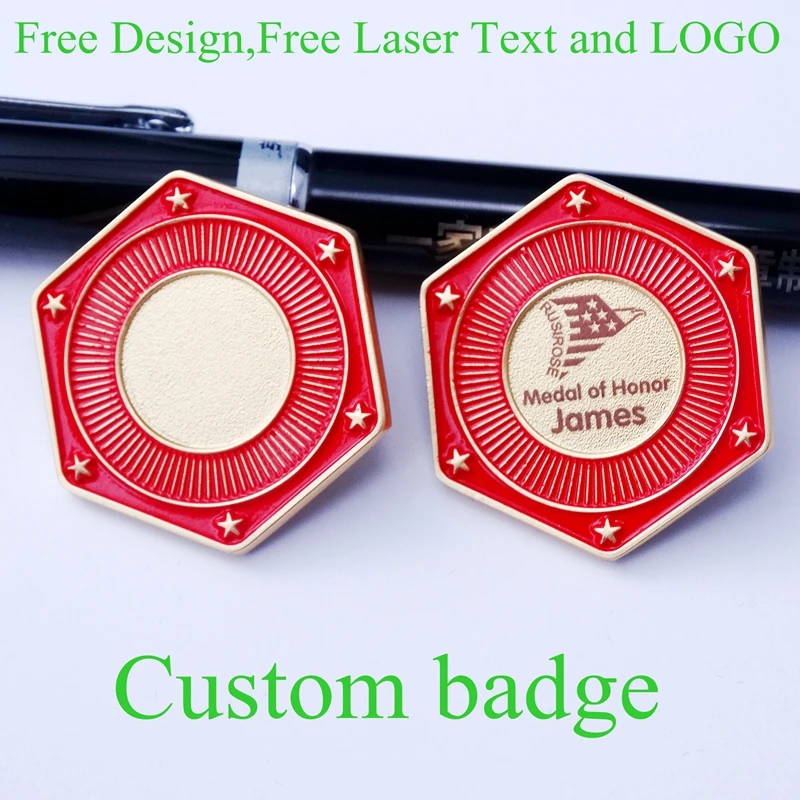 

Personalized Medal of Honor badges, hexagonal commemorative badge, metal pin custom, free laser text and logo,star blank badge