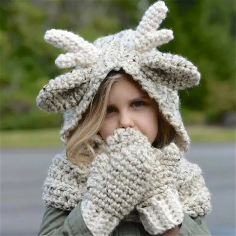 Cute cartoon children's handmade crochet hat elk knit hat warm scarf gloves hat elk cape cap