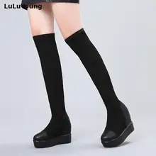 Женские сапоги выше колена на толстой подошве; женские сапоги до бедра из эластичной ткани