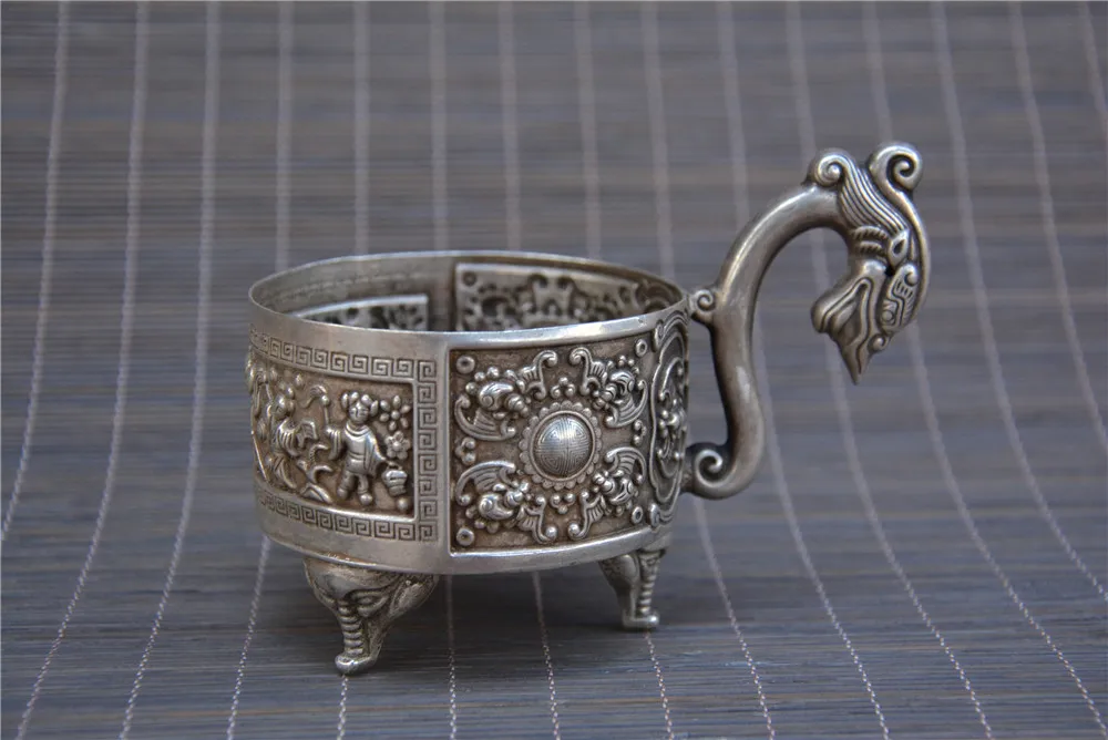 

Antique QingDyansty old Tibet Silver tea cup,Carved sun&people,with mark,Hand crafts,Collection&Adornment,Free shipping