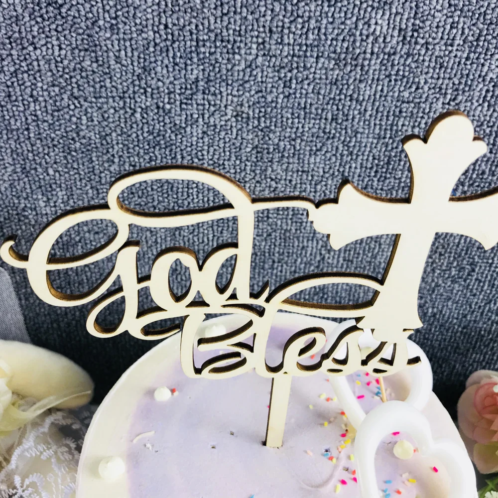  God Bless color wooden Cake Topper, First Communion Cake Topper Decorations, Baby Girl or Boy baptism for Confirmation  Topper (1)