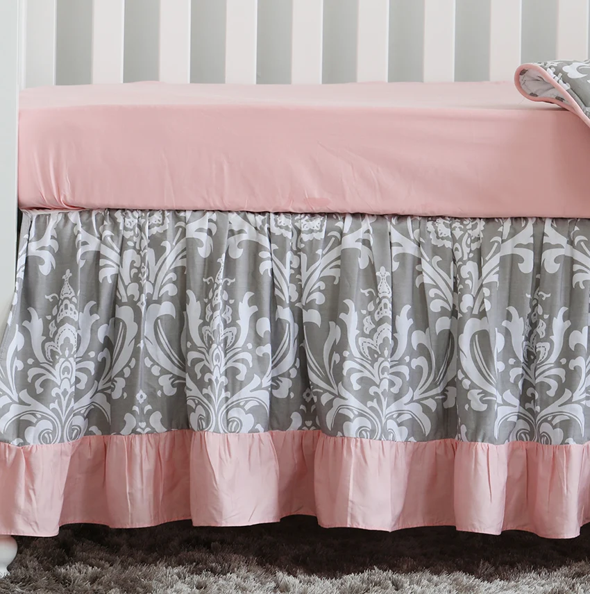 Комплект из 3 предметов, детское одеяло с рюшами и цветочным принтом в стиле бохо, детская юбка для детской кроватки, детская кроватка для маленьких девочек(серый, розовый цвет