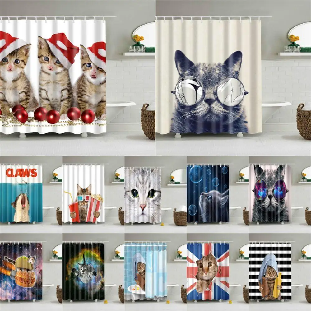 Christmas Cartoon Cat Print Shower Curtains for Bathroom Shower Curtain Washable Bath Decor Polyester Fabric Bathroom Curtain