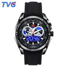 TVG Brand Quartz-watch Fashion Blue LED Dual Display Men Watch Black Silicone Strap Watches Week Display Wristwatch Waterproof