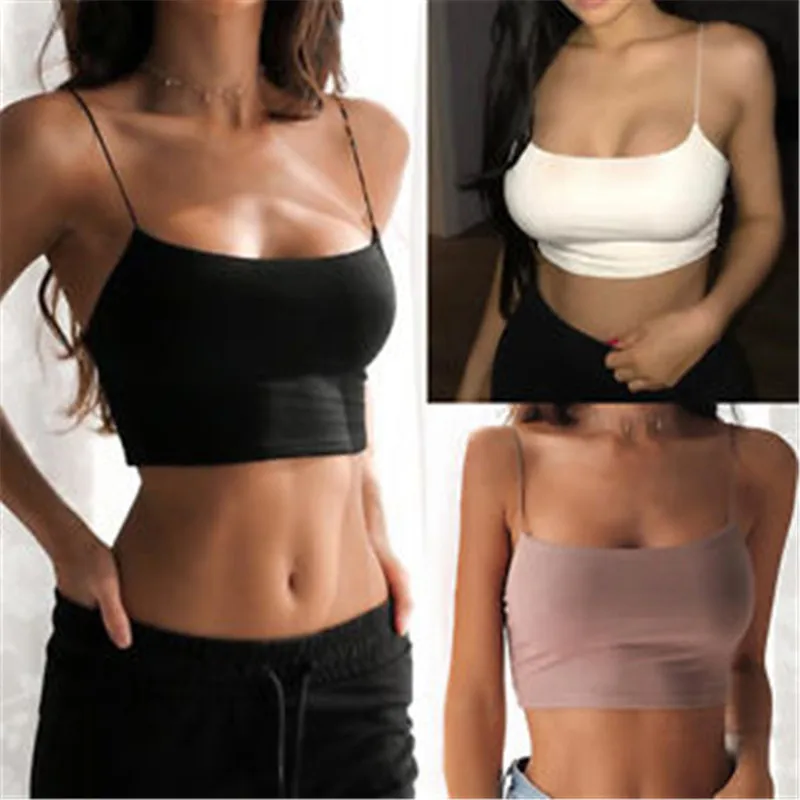 

Sexy Female Crop Tops Cotton Women 2019 Summer Sleeveless Straps Tank Top Solid Fitness Lady Camis Casual White Black Camisole