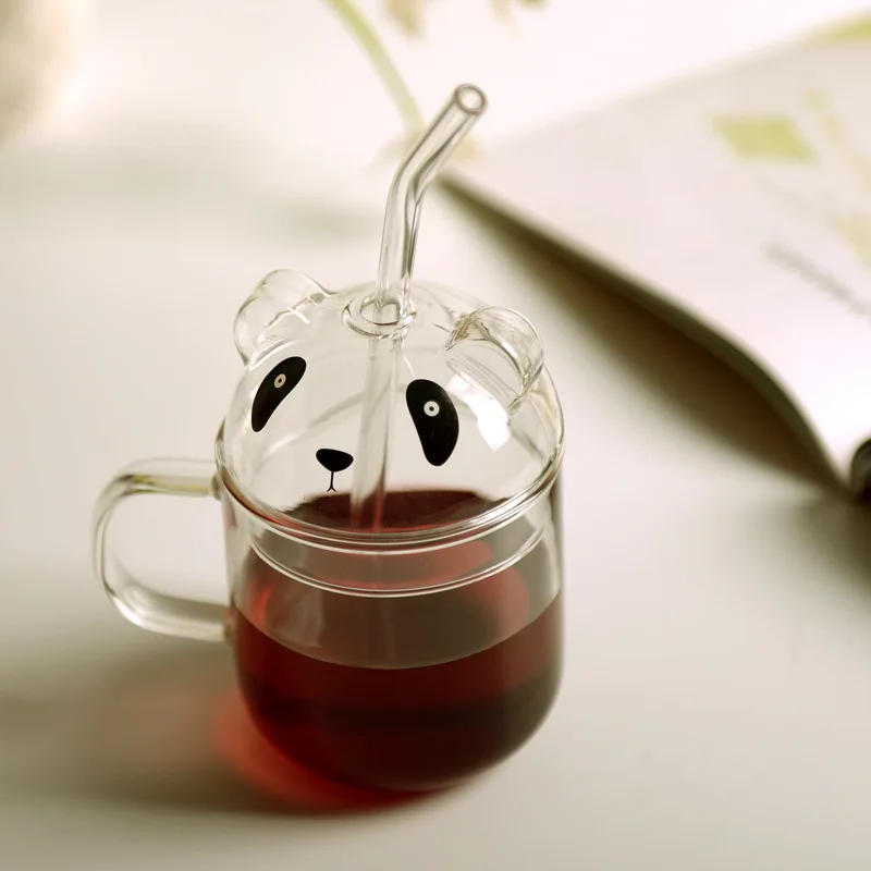 

350ML Cute Bear Mug Creative Cartoon Straw Cup Heat-resistant Glass Breakfast Cup Cold Drink Juice Cups with Lid and Handle