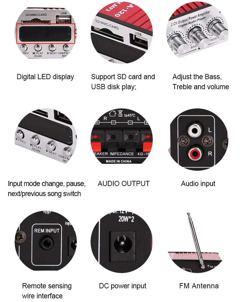 Kinter MA-120 мини усилитель аудио 2.0CH 20 Вт DC12V с USB SD FM воспроизведение стерео звук питания адаптер питания для дома автомобиля мотоцикла