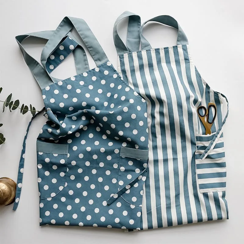 Женская хлопковая рабочая одежда для взрослых, чистящие средства для кухни, фартук с 2 карманами, милая полосатая форма с волнистыми точками