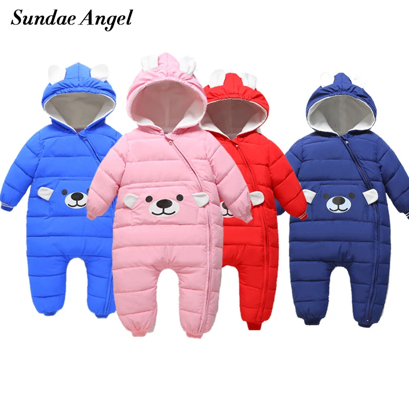 

Sundae Angel Baby Winter Jumpsuit Hooded Patchwork Ear Design Lamb Wool Thicken Newborn Baby Boy Romper Winter Autumn Clothes