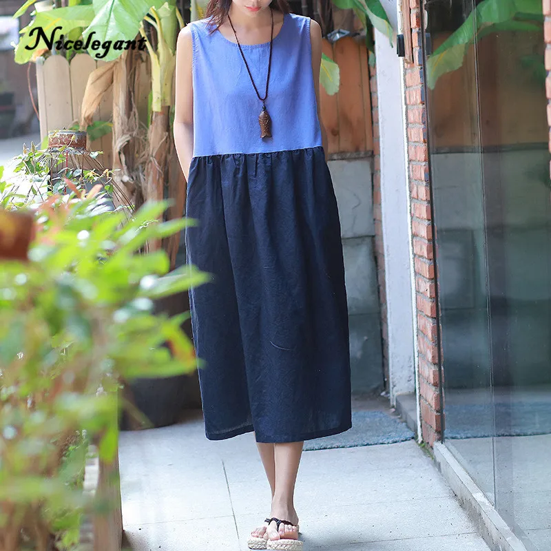 Nicelegant Linen Sleeveless Dress Women Spliced Vintage