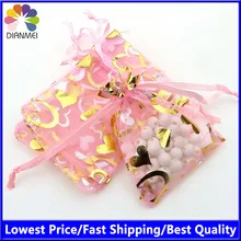 Lot de 100 sachets cadeaux en Organza rose avec cœur pour emballage de bijoux, pochettes décoratives en Tulle pour bonbons, 7x9cm, vente en gros