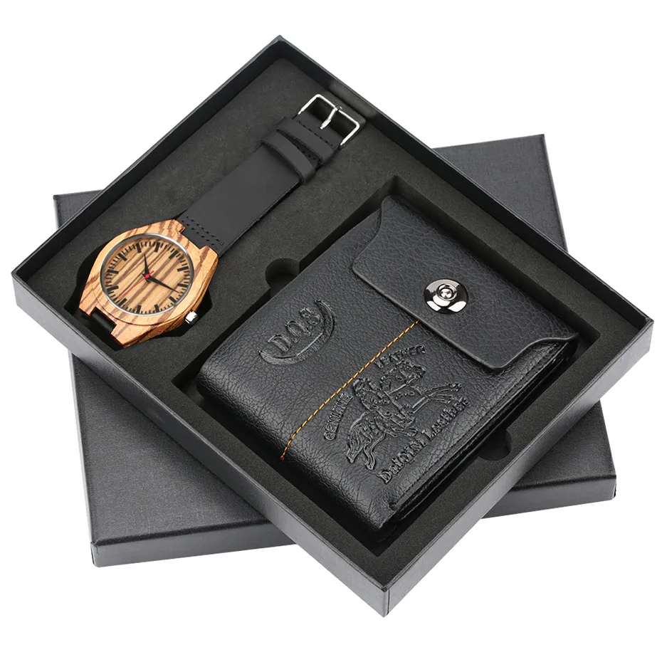 

Luxury Black Leather Wallet + Nature Bamboo Wooden Watch Men Gift Set Box for Male Quartz Men's Watches Fashion Man Money Bag
