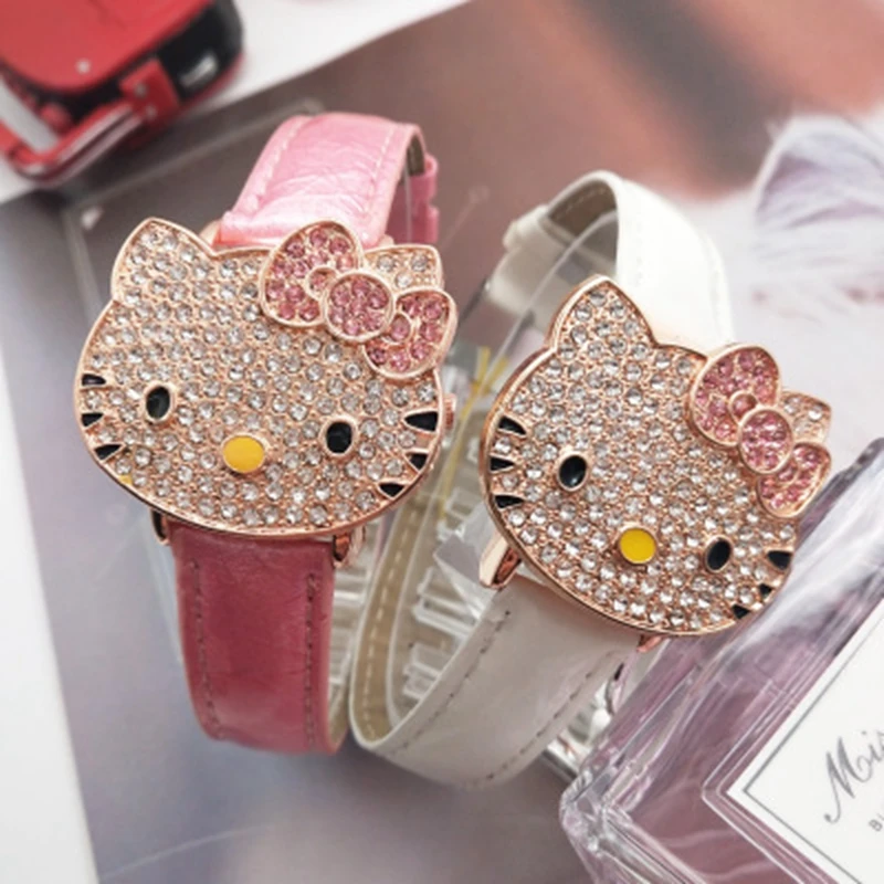 

Hot Sales Cute Leather Hello Kitty Watch Children Girls Women Crystal Dress Quartz Wristwatch Relojes
