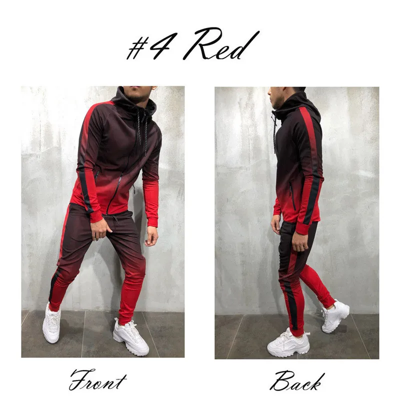 HIRIGIN, мужские спортивные костюмы, толстовка, спортивный костюм, узкие брюки, облегающие цветные градиентные спортивные штаны, костюм, осенние модные мужские комплекты - Цвет: Красный