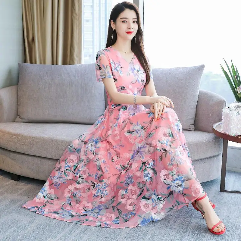 

Yfashion Women Summer Short Sleeve Flower Pattern Casual Long Dress High Quality Simple Beautiful Natural Summer Dress 2019