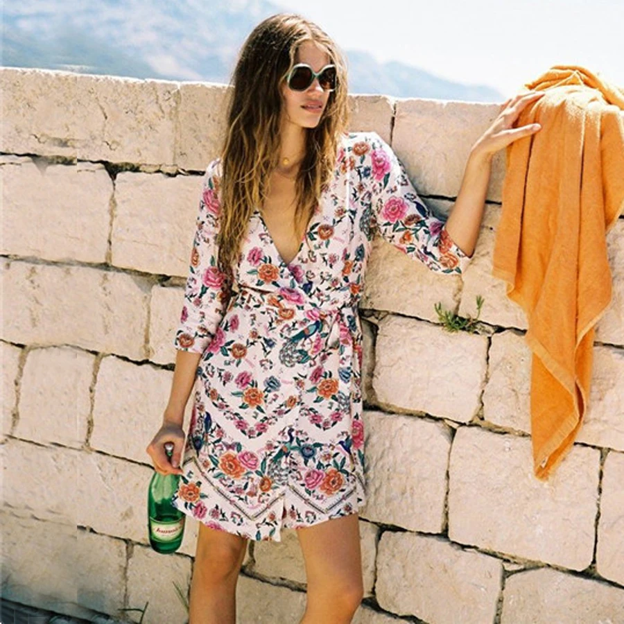 

Teelynn mini wrap Dress 3/4 sleeve sexy v-Neck short Dresses 2018 spring floral print Bohemia Holiday boho women dress vestido