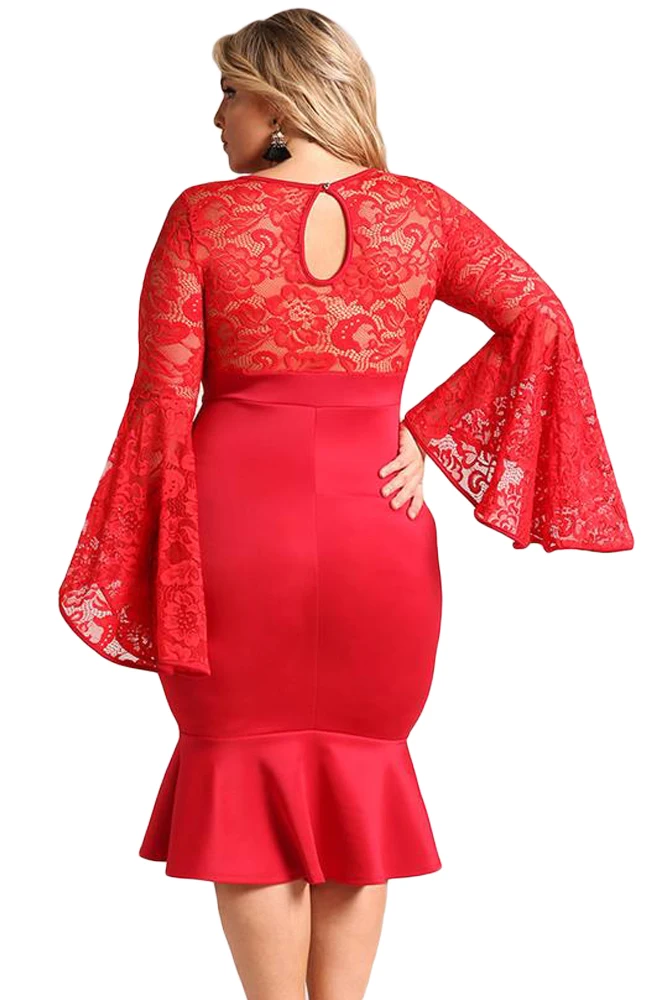 Red-Plus-Size-Lace-Bell-Sleeve-Mermaid-Bodycon-Dress-LC61875-3-2