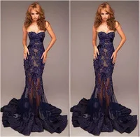 Hot&sexy Long Prom Dresses 2014 Grace Navy Blue Sexy Sheer Lace Mermaid Crystal Tulle Hot Fashion New Arrival Vestidos de Festa