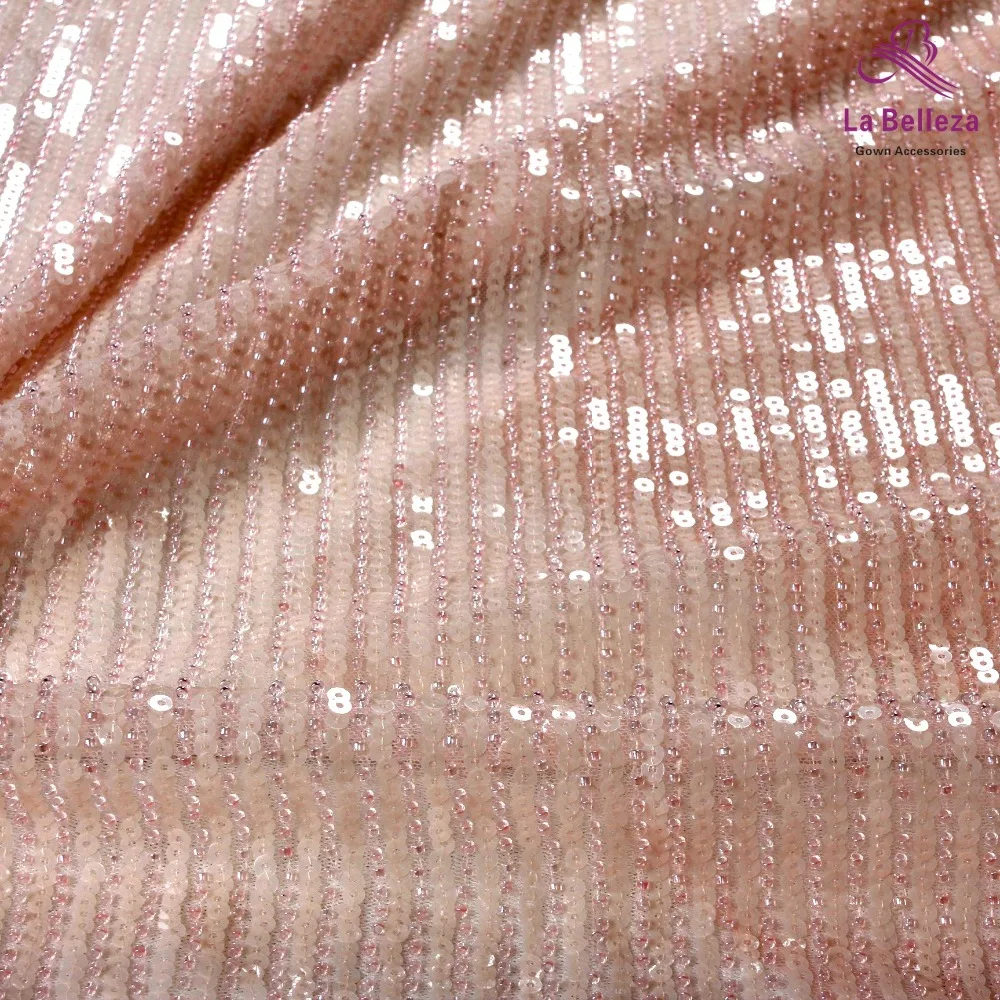 

1yard New fashion light pink Straight beads with sequins on netting embroidery wedding dress lace fabric